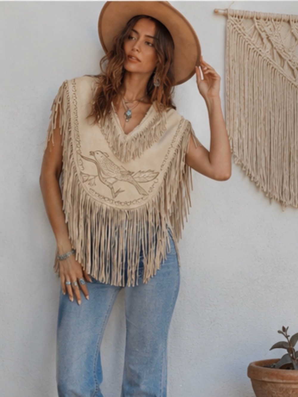 Vintage Gaitan Genuine Leather Mexico Fringe Poncho | Boho Western Suede Cape - Picture 2 of 8